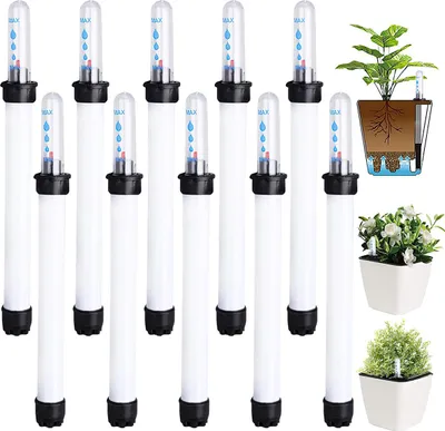 A collection of plant watering indicators arranged in rows, with a diagram showing how they work and two potted plants in the background.