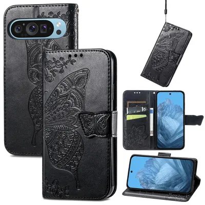 Produktbild von Für Google Pixel 9 / 9 Pro Kunstleder Wallet Handy Tasche Schmetterling Design Hülle Etuis Schwarz