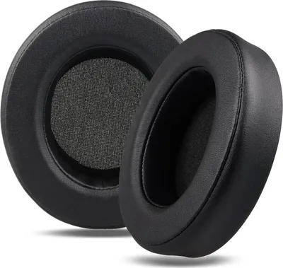 Two black ear pads for headphones are shown against a white background.