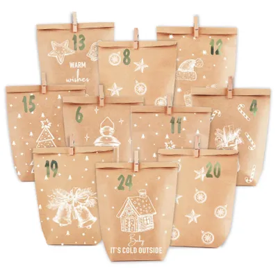 Produktbild von Adventskalender zum Befüllen – 24 Weihnachtskalender – Geschenktüten – Groß, zum Selbstbefüllen – Kraftpapier-Tüten