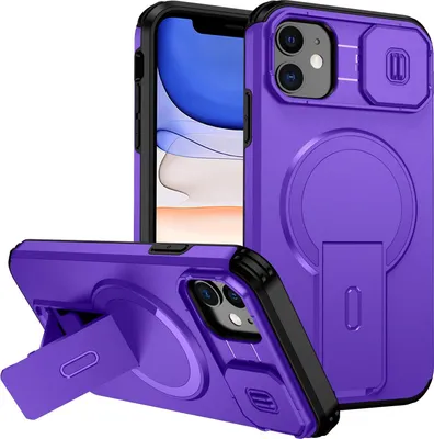 Obrázek produktu pro Magnetické pouzdro pro iPhone 11, dvouvrstvé odolné pouzdro s posuvnou ochranou fotoaparátu a nastavitelným stojánkem Fialová