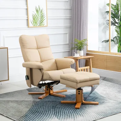 Image de Fauteuil de massage avec repose-pieds et massage par vibrations en 10 points, fauteuil de détente pivotant à 360°, fauteuil TV en similicuir, blanc crème | Inclinable à 145° | 80 x 86 x 99 cm