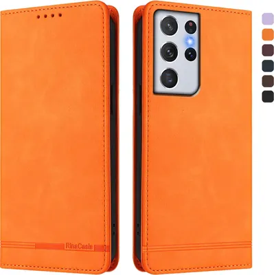 Produktbild von Hülle für Samsung Galaxy S21 Ultra 5G, Retro Kunstleder Ständer Klapphülle mit Kartenfächer und Magnetische Orange