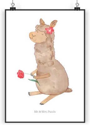Produktbild von Mr. & Mrs. Panda Bild Alpaka Blume DIN A5 - Weiß - Geschenk, wanddeko, Wandbild, Plakat, Spruch, drucke, Lama, Wanddekoration, Lamas