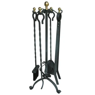 Produktbild von Kaminbesteck 5tlg Eisen Messing schwarz Schaufel Besen Zange Haken Kamingarnitur