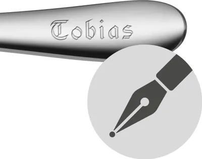 A close-up view of an engraved name on a metallic object, with a magnified view of a fountain pen nib.