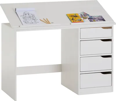 Produktbild von Kinderschreibtisch aus massiver Kiefer in weiß, praktischer Schreibtisch mit neigungsverstellbarer Tischplatte, schöner Jugendschreibtisch mit 4 Schubladen