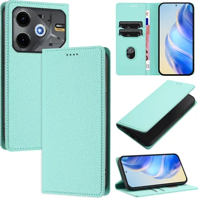 Produktbild von Litchi Leder Handyhülle für Tecno Pova 6 Neo Wallet Kartenfächer Standfunktion Hülle Türkis