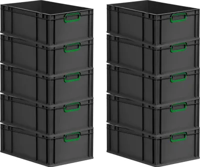 Produktbild von SparSet 10x Eurobox NextGen Color | HxBxT 22x40x60cm | 44 Liter | Griffe grün geschlossen | Verstärkter Boden | Schwarz | Eurobehälter, Transportbox, Transportbehälter, Stapelbehälter