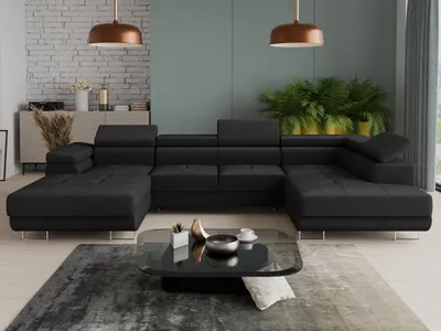 A modern living room with a large U-shaped sectional sofa.