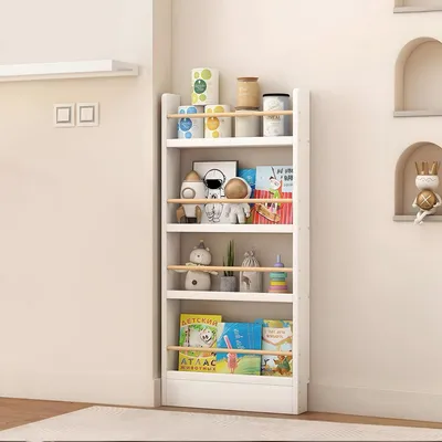 Zdjęcie produktu dla Półka na książki do pokoju dziecięcego, 50x10x120 cm, biała, 4-poziomowa, z zabezpieczeniem przed przewróceniem