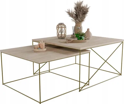 Zdjęcie produktu dla Zestaw Kwadratowych Stolików Kawowych 2w1 Salon Loft Złoty+Dąb Sonoma