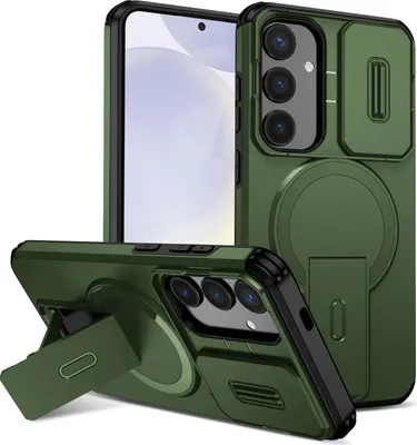 Immagine prodotto di Custodia magnetica per Samsung Galaxy S25+/S24+, custodia resistente a due strati con protezione fotocamera scorrevole e supporto regolabile Verde