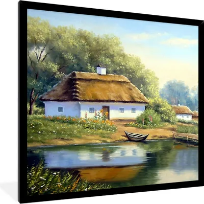 Produktbild von MuchoWow® Gerahmtes Poster Malerei - Haus - Natur - Wasser - Ölfarbe 40x40 cm - Poster mit Schwarzem Bilderrahmen Wandposter Rahmen Foto Bilder - Mit Rahmen - Wanddekoration Schlafzimmer