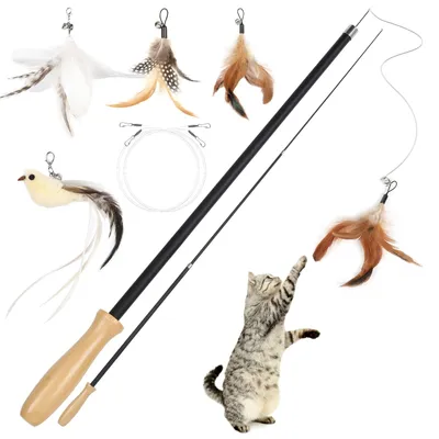 Imagen del producto de Juguete para gatos Cozary, set de 5 piezas, juguete interactivo para gatos, incluye 1 pájaro y 3 plumas de repuesto para juguetes de gato. Caña de pescar para gatos extensible con mango de madera, ideal para gatitos