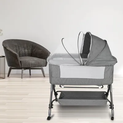 Produktbild von 3-in-1-Beistellbett, Babywiege und Reisebett, höhenverstellbares Babybett in 4 Stufen, neigbar, Kinderbett und Stubenwagen für Babys bis 25kg, 104 * 52 * 100-110cm, Leinengrau