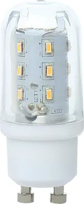 A close-up studio shot of a white LED light bulb with a clear plastic cover.