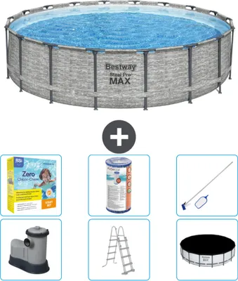 Produktbild von Bestway Round Steel Pro MAX Schwimmbad – Steindruck – 549 x 122 – inklusive Pumpe – Leiter – Abdeckung Wartungspaket - Filter - Reinigungskit