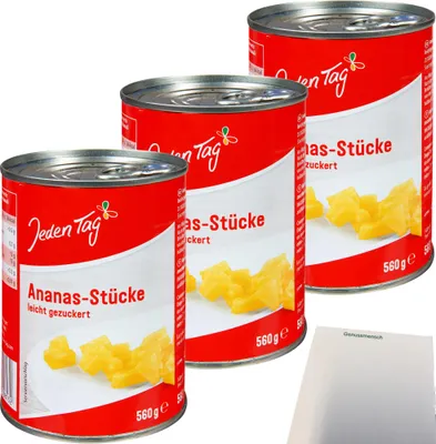 Produktbild von Jeden Tag Ananas Stücke leicht gezuckert 3er Pack (3x580ml Dose) + usy Block
