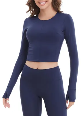 Produktbild von Damen-Sportshirt Fitness Langarm Atmungsaktiv Dunkelblau M