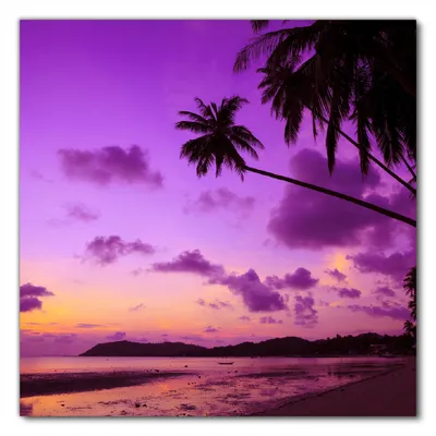 Produktbild von Wallario selbstklebende Möbelfolie/ Tischdecke für Innen und Außen, Größe: 90 x 90 cm - Sonnenuntergang unter Palmen  Himmel in lila und orange