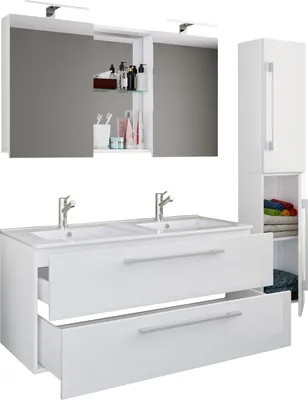 Immagine prodotto di 4 parti Lavabo doppio | 2x lavabo | Arredo bagno con lavabo, lavabo, armadio alto e specchio | Lavabo doppio | Set completo Budasi SC