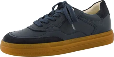A single blue sneaker with a brown sole is shown against a white background.