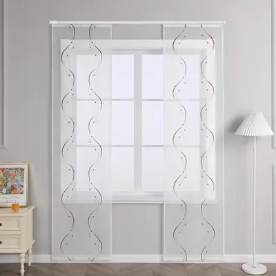 Produktbild von Joyswahl 2er Set Schiebegardinen mit Klettband Modern Flächenvorhänge mit Wellenperlenmuster Stickerei Voile Schiebevorhang BxH 57x175cm Transparent Lila Gardine 2 Stück