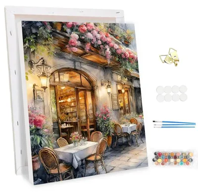 Produktbild von Malen nach Zahlen Set Erwachsene mit Rahmen, Cafe Blumen, DIY Ölgemälde auf Leinwand, Acrylfarben, Pinsel, 30x40cm
