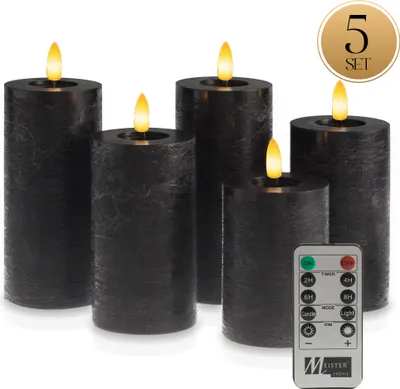 Immagine prodotto di Set di 5 candele a LED Meisterhome® - Candele a LED - Candele senza fiamma dal design rustico - Ø 7 cm, altezze 10/12,5/15 cm - Luce bianca calda e tremolante - Con telecomando e timer - Funzionamento a batteria, colore:Nero