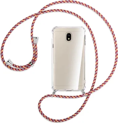 Produktbild von Handykette Backcover-Schutzhülle mit Band (Metall silberfarben) für Samsung Galaxy J3 2017 - weinrot/gelb/grau