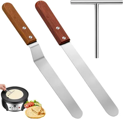 Produktbild von Set aus 3 Pfannkuchenwendern und Teigteiler, ergonomische Holzgriffe, Edelstahl, für Küche und Camping