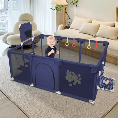 Produktbild von Baby Laufstall 180x120x66cm mit Basketball-Netz atmungsaktivem Babys laufgitter mit Sicherheitstür 50 Ozeanball Dunkelblau
