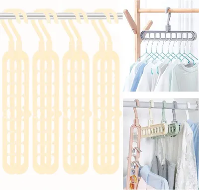 Collage of closet organizers and clothes hangers.