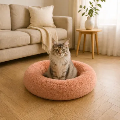 Produktbild von belviona Donut Katzenbett, weiches Katzenkörbchen mit flauschigem Plüsch, rutschfest & gemütlich, 70 cm Durchmesser, altrosa, KI-generiertes Bild