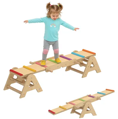 Productafbeelding van 2-in-1 balanswip voor kinderen, houten balansbalk, schommelwip voor in de tuin, balansbord 133 x 38 x 24 cm