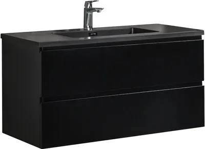 Image de Ensemble de meubles de salle de bain Badplaats avec lavabo et meuble sous lavabo Angela 100 x 48 cm noir mat - Meuble sous lavabo avec fermeture douce et lavabo noir, pré-assemblé