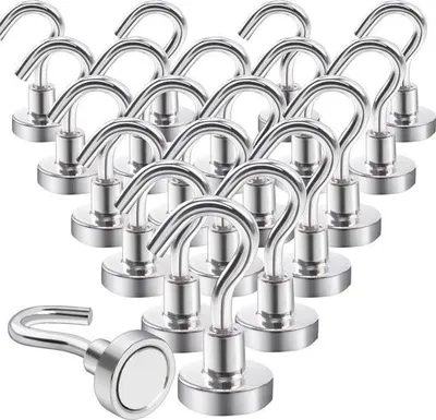 Produktbild von Magnethaken Extra Stark 10kg Neodym Magnete mit Haken 20 Stück Magnethaken Schlagfrei für Eisentüren Kühlschränke Küchen Kleiderständer Büro Magnethaken Silber