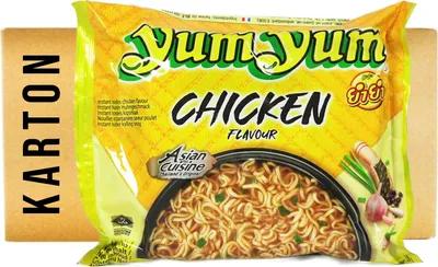 A package of Yum Yum Instant Chicken Noodles is shown against a plain background, with a cardboard box to the left.