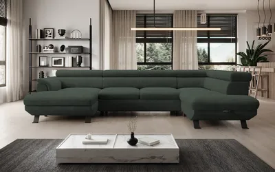 Zdjęcie produktu dla DomoHome ECKSOFA RAVEN XL - Narożnik z funkcją spania z wysuwanym łóżkiem, regulowane zagłówki, pojemnik na pościel, duża sofa 334x198x162 cm prawa strona las