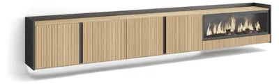 Image de PULLER Meuble TV, Banc Télé, 315x35x50 cm, Pour les TV jusqu'à 80", Cheminée électrique XXL, Suspendu, Mural, Led, Chêne et noir