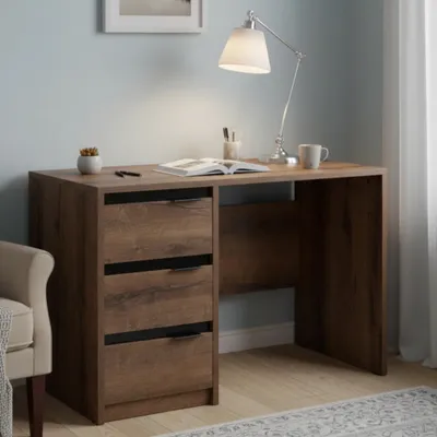 Obrázek produktu pro Pracovní stůl Martin 120 cm široký, pracovní stanice se třemi zásuvkami, nábytek v severském stylu (barva: dub klášterní / černý vysoký lesk)
