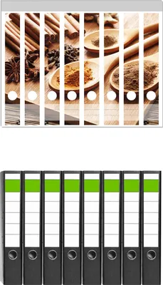 Produktbild von Wallario 8 Stück schmale Ordner inkl. Klebeetiketten mit Motive Kräuter und Gewürze auf Holzlöffeln -  Set mit Rückenschildern / Ordnerrücken Stickern