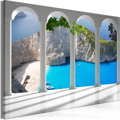 Produktbild von Modernes Wandbild Fensterblick 120x80 - 1 Teile Bilder Fotografie auf Vlies Leinwand Foto Bild Dekoration Wand Bilder Kunstdruck Strand Meer Zakynthos Landschaft Natur c-C-0361-b-a