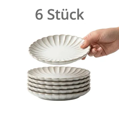 Produktbild von Set aus 6 Porzellantellern cremeweiß 15 cm – Teller mit muschelförmiger Randstruktur, Dessert- & Brotteller