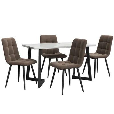Image de Ensemble de salle à manger,(Set,117×68cm table de salle à manger avec 4 chaises), Table de salle à manger rectangulaire Set de table de cuisine moderne ,Chaise de salle à manger en velours marron Chaise de cuisine,Table noire