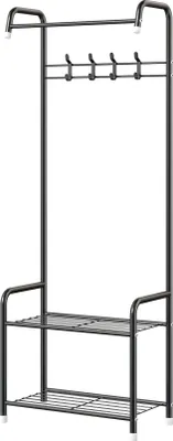 Produktbild von YOLEO F-Form Kleiderständer, Eisenrohre Garderobenständer mit 2 Ablage und 4 Haken, bis 15kg belastbar