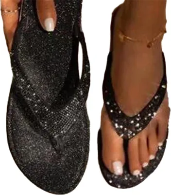 Produktbild von 1 Paar Strass-Hausschuhe mit flachem Absatz, offener Spitze, rutschfestes Tanga-Design, Strass, Alltagskleidung, Sommer, Damen, glitzernde flache Hausschuhe, Strandzubehör