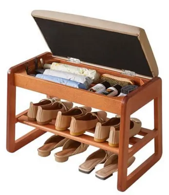 Zdjęcie produktu dla Półka na buty z klapą, dwupoziomowa, 60 cm, kolor: orzech, wykonana z drewna