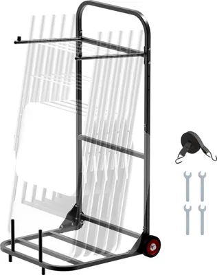 A black metal chair cart loaded with folded chairs, shown against a white background. Accessories like straps and wrenches are displayed to the right.
